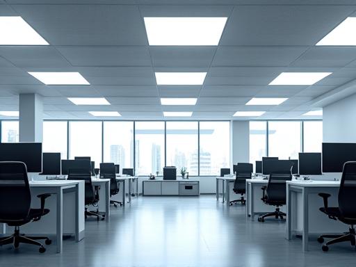 A modern, bright commercial office space illuminated with efficient LED panel lights.